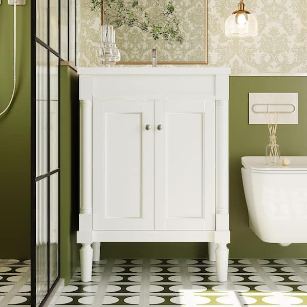 Zeus & Ruta 24 in. W x 18 in. D x 34 in. H Freestanding Bath Vanity in White with White Resin Top with Adjustable Shelves