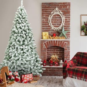 7.5 ft. Snow Flocked Artificial Christmas Tree Hinged Artificial Pine Tree with Metal Stand