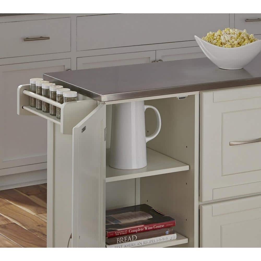 Stainless Steel Top Kitchen Cart with Spice Rack and Storage, Off-White