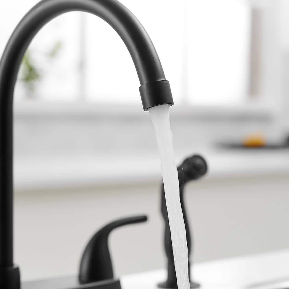 Matte Black Double Handle Bridge Kitchen Faucet with Pull-out Spray
