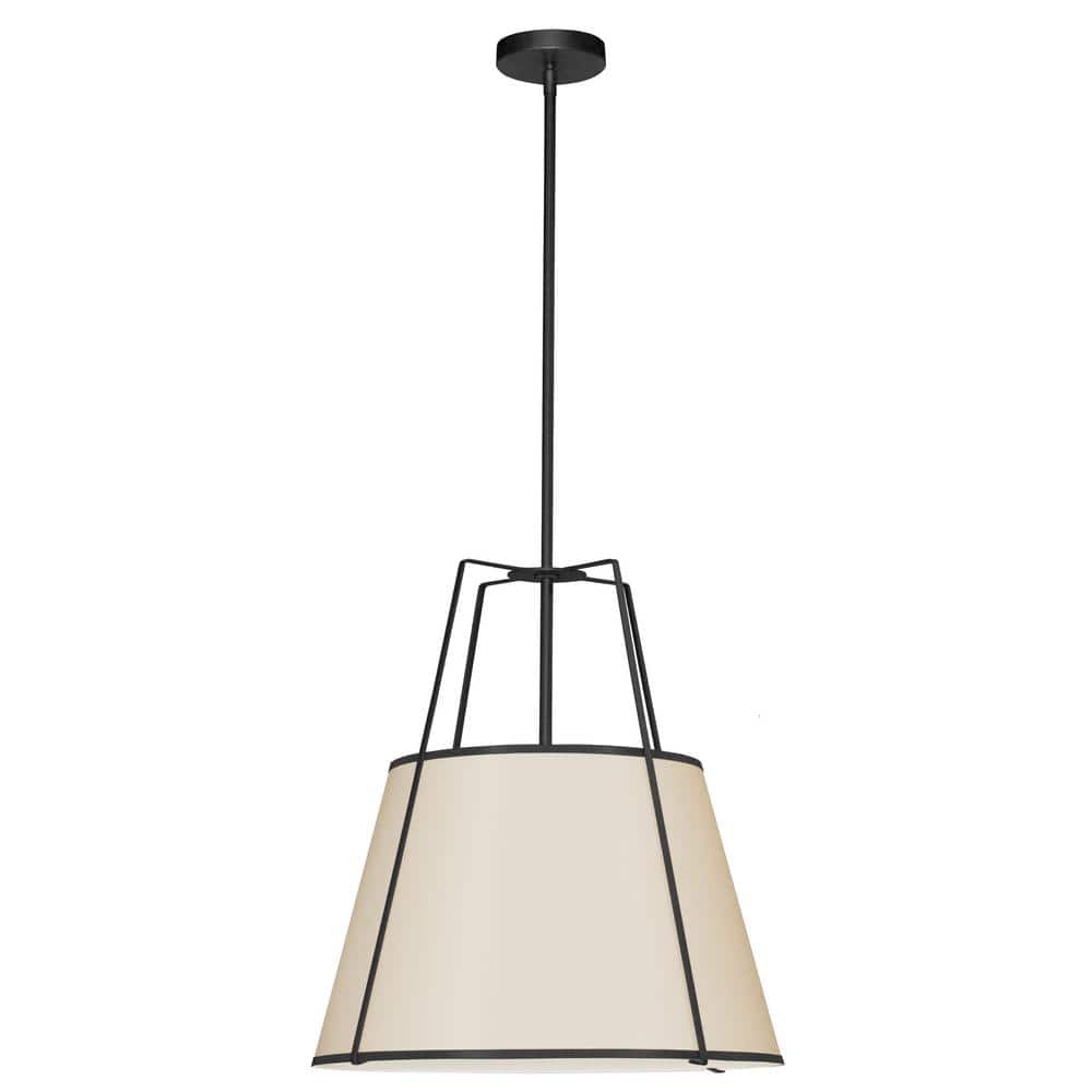 Trapezoid 3-Light Black Frame Pendant with Cream Fabric Shade