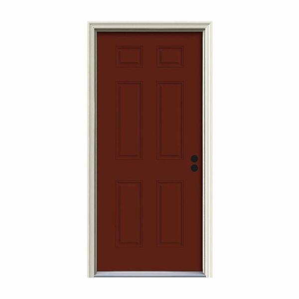JELD-WEN 30 in. x 80 in. 6-Panel Mesa Red Painted Steel Prehung Left-Hand Inswing Front Door w/Brickmould