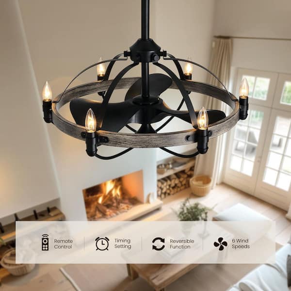 27 in. Farmhouse Downrod Mount Indoor Ash-Brown Black Caged Fandelier Ceiling Fan with 6-Light Candelabra and Remote