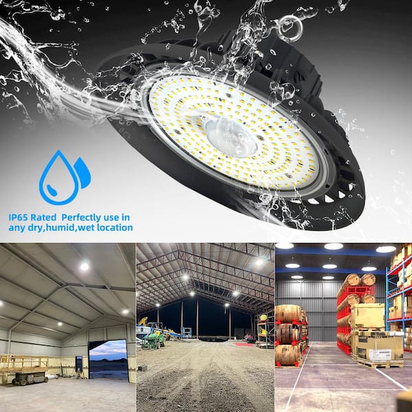 Honbei 11 in. 450-Watt Equivalent Integrated LED Dimmable Black High Bay Light, 5000K UFO High Bay Lights with US Plug 5' Cable