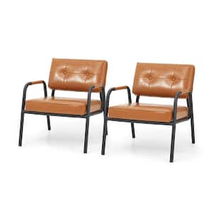 Set of 2 Mid-Century Modern Light Brown Leatherette Arm Accent Chair With Frosted Black Metal Frame