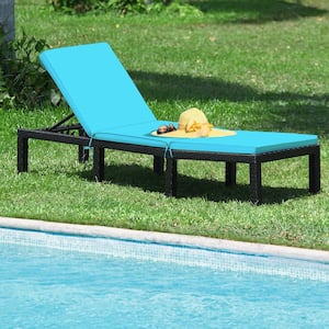 Adjustable Wicker Rattan Patio Outdoor Chaise Lounge Chair Couch with Turquoise Cushion