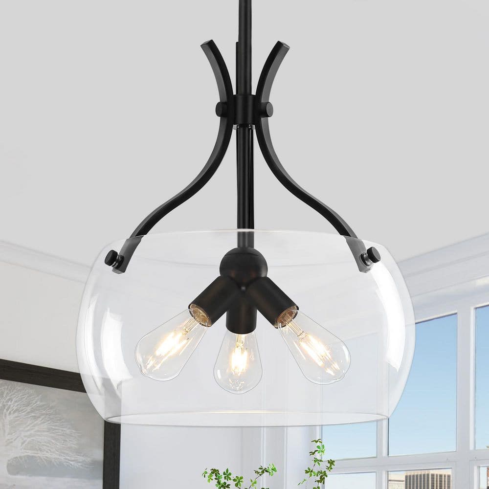3-light Black Modern Drum Chandelier with Clear Glass Shade for Kitchen Island, Dining Room price history on PriceWatchPro