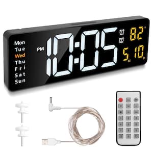 Black LED Digital Wall Clock with Remote Control 10 Level Brightness, Alarm, 12-24Hr Format Temperature Calendar Display