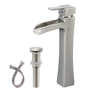 Waterfall Single Hole Single-Handle Vessel Bathroom Faucet with Pop Up Drain in Brushed Nickel