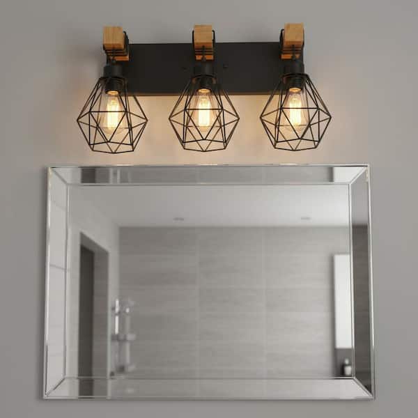20 in. 3-Light Black Wood Rustic Farmhouse Vanity Light, Wood and Metal Bathroom Wall Sconce Over Mirror