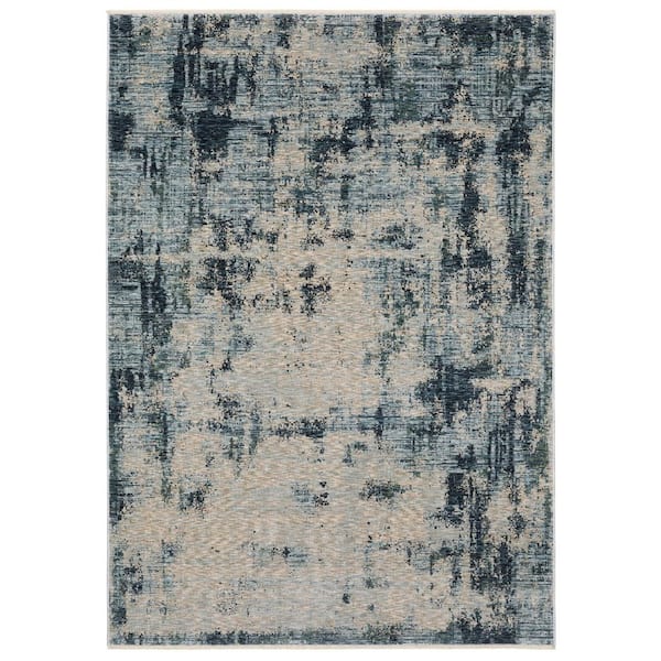 7 ft. x 10 ft. Beige And Blue Abstract Distressed with Fringe Area Rug