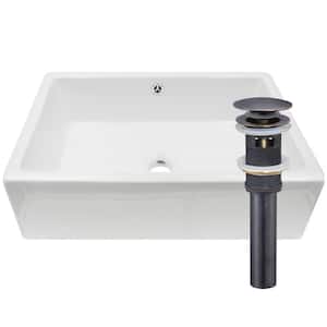 Rectangular Porcelain Vessel Sink in White with Overflow Drain in Oil Rubbed Bronze