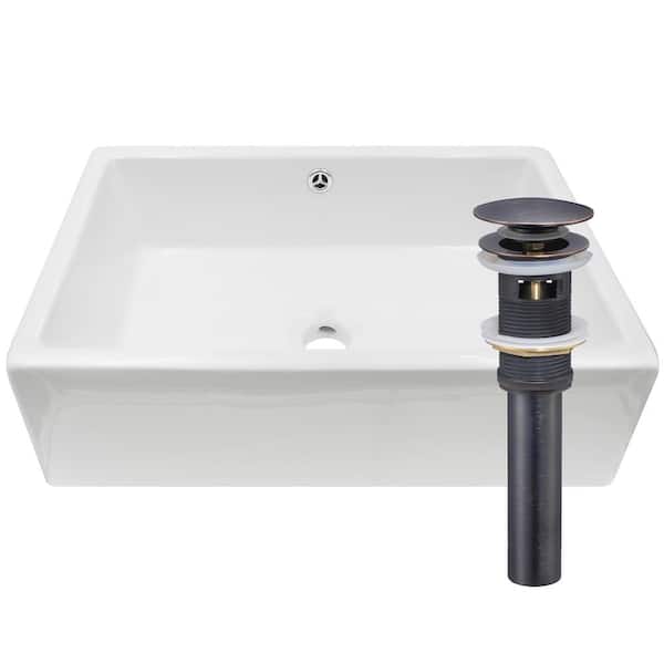 Novatto Rectangular Porcelain Vessel Sink in White with Overflow Drain in Oil Rubbed Bronze