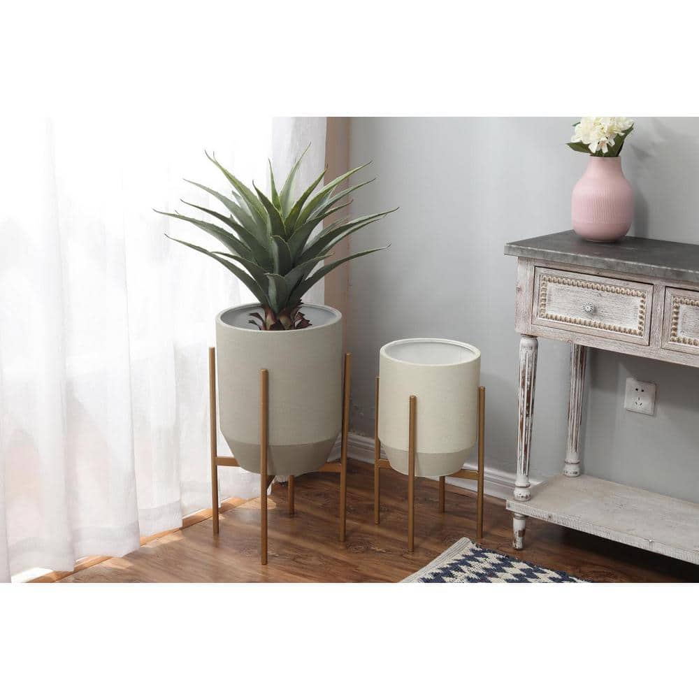 Set of 2 Gray and Off White Metal Planters with Gold Stand