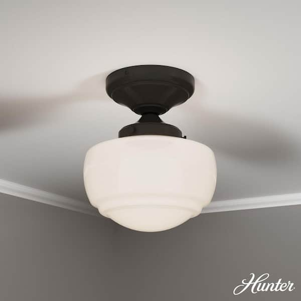 Hunter Saddle Creek 6.75 in. 1-Light Noble Bronze Semi-Flush Mount with Cased White Glass Shade