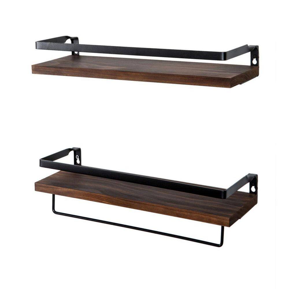 Brown Wood Floating Wall Shelves with Towel Rack