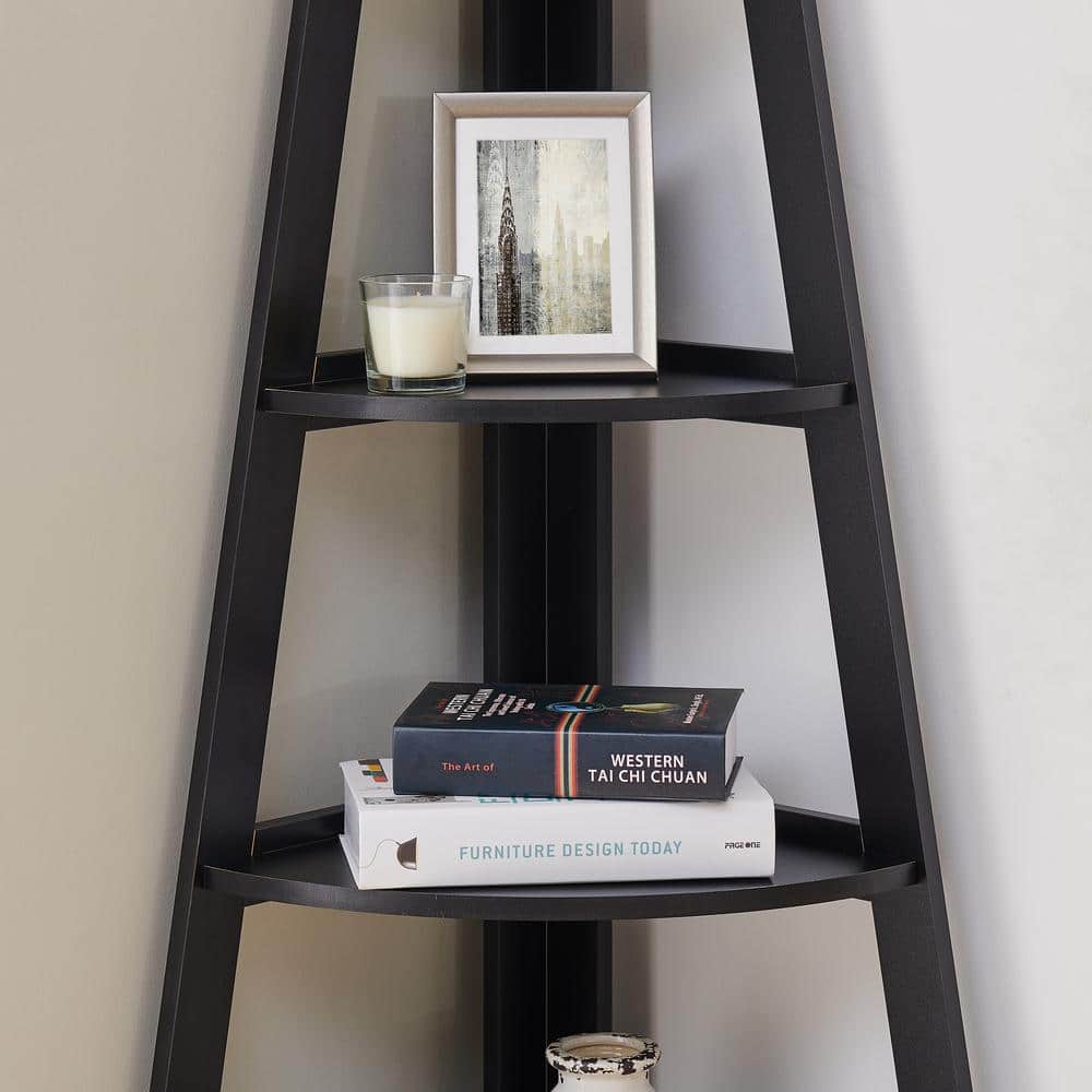 Black 68" Five-Tier Corner Ladder Shelf