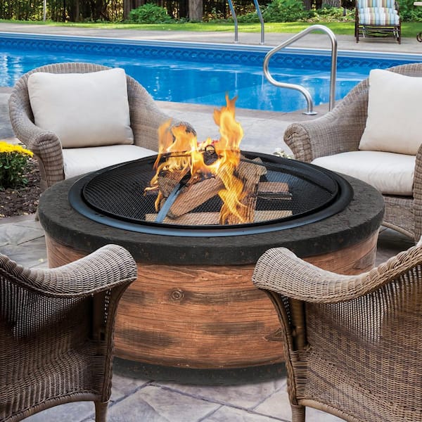 Sun Joe 35 In X 20 5 In Round Cast Stone Wood Burning Fire Pit Rustic Wood Sjfp35 Rw Stn The Home Depot