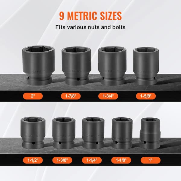 SKYSHALO Axle Nut Impact Socket Set, 1 in. Drive 6-Point 9-Piece