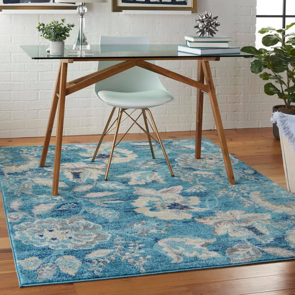 Turquoise Floral Synthetic Rectangular 5' x 7' Area Rug