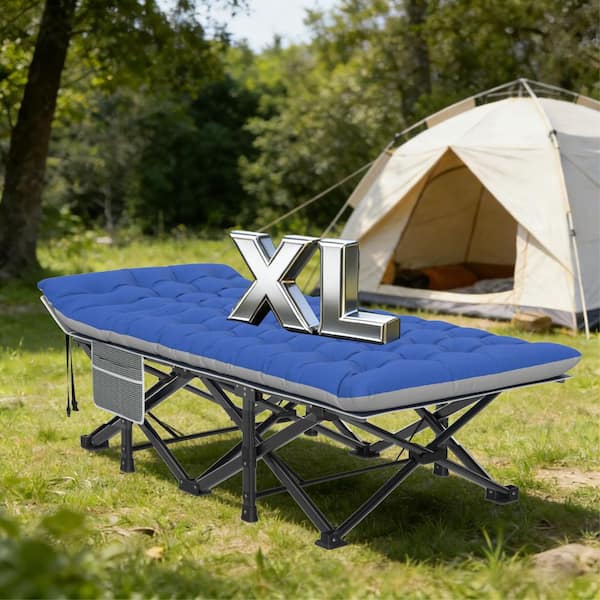 Portable Folding Camping Cot for Adults 1200D Double Layer Oxford with Carry Bag & Blue/Gray Detachable Mattress