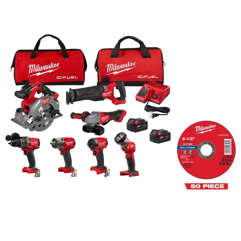 M18 FUEL 18V Cordless Combo Kit with 2 5.0 Ah Batteries, 1 Charger (7-Tool) w/ 50 4 1/2 in Metal Cutoff Wheel Type 1 price history on PriceWatchPro