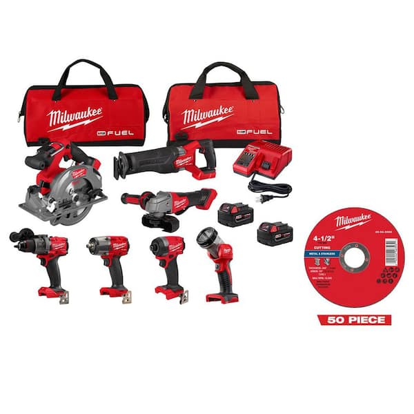 M18 FUEL 18V Cordless Combo Kit with 2 5.0 Ah Batteries, 1 Charger (7-Tool) w/ 50 4 1/2 in Metal Cutoff Wheel Type 1