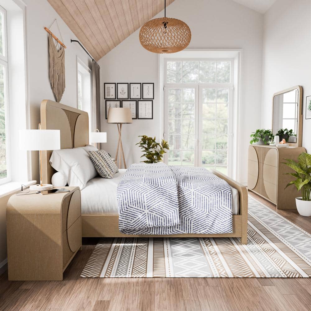 Natural Solid Wood Queen Bedroom Set with Geometric Details