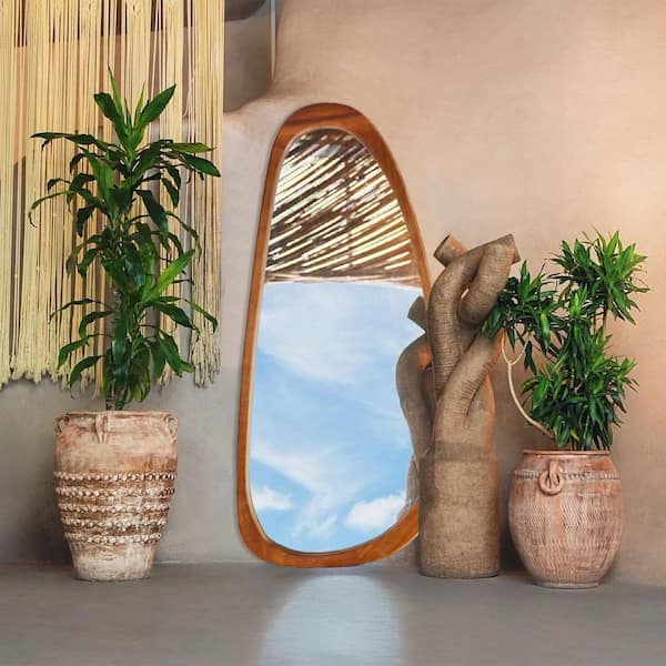 22 in. W x 48 in. H Irregular Natural Wood-Frame Wall Mirror, Distinctive Asymmetric Design