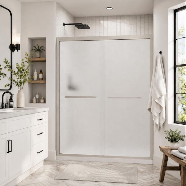 56-60 in. W x 76 in. H Double Sliding Framed Shower Door in Brushed Nickel with 8mm Nano-Coated Easy-Clean Frosted Glass