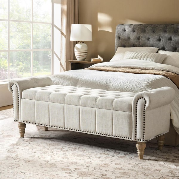 Joan Ivory Traditional Upholstered Button Turfed Storage Bench with Nailhead Trims