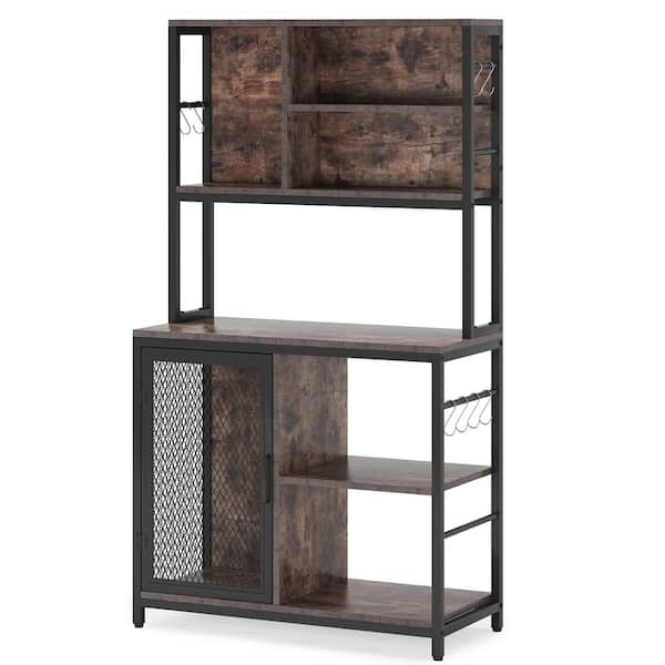 BYBLIGHT Keenyah Rustic Brown 6-Tier Kitchen Baker's Racks with Mesh Wine Cabinet Included Wine Glasses Holder and 8-S-Hooks