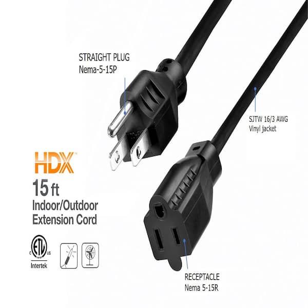 HDX 15 ft. 16/3 Indoor/Outdoor Extension Cord, Black SJTW16315BL