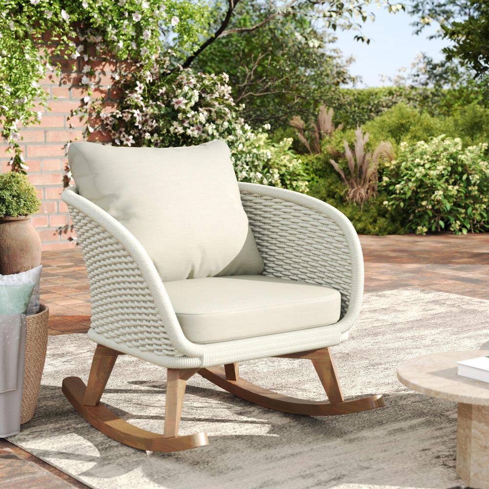 Contemporary Minimalist Beige Wicker Outdoor Rocking Chair with Soft ...