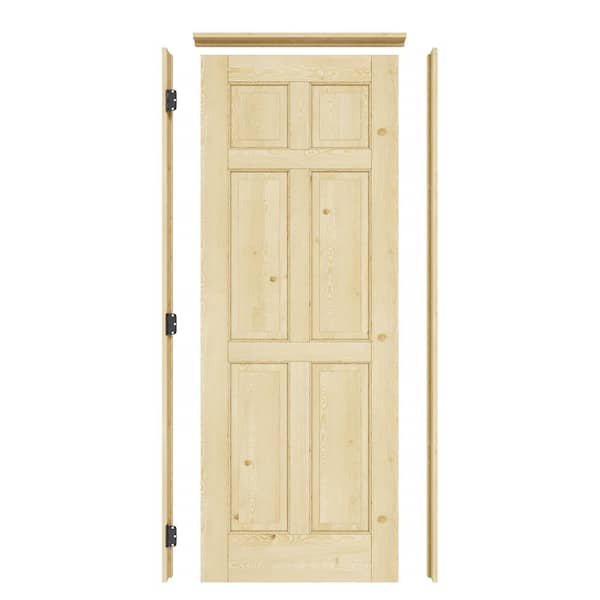 28 in. x 80 in. Right-Hand 6-Panel Solid Core Unfinished Pine Wood Single Prehung Interior Door+ Quick Assemble Jamb