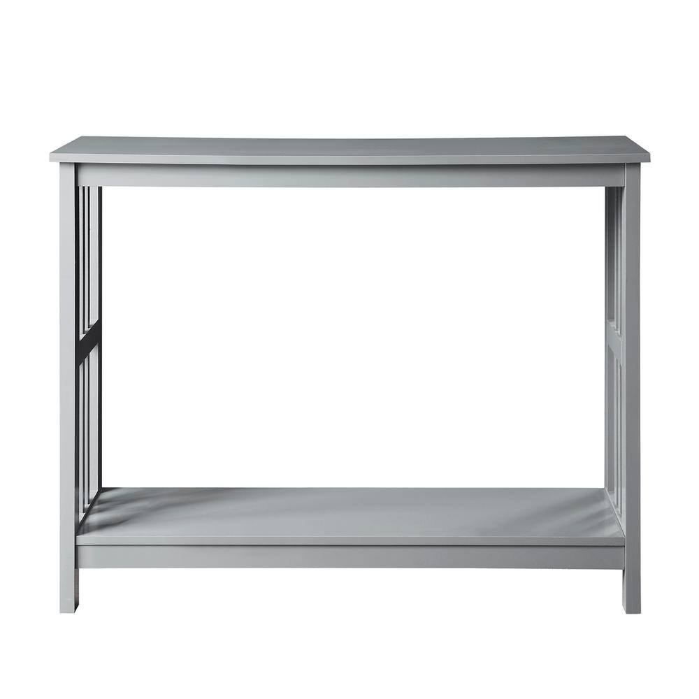 Elegant Gray Mission-Inspired Console Table with Glass Overlay and Storage Shelf