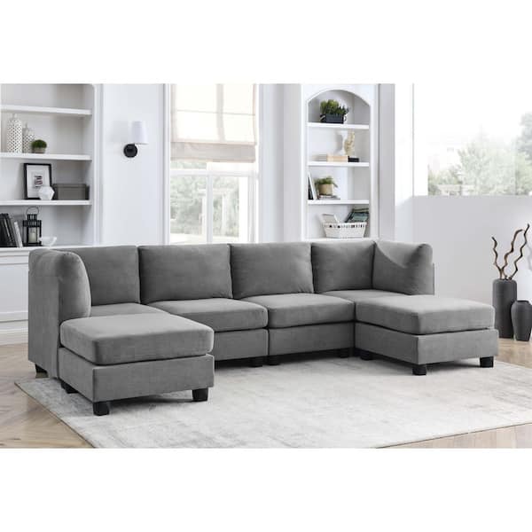 Sabina Modern 120 in. 6-Piece Polyester Blend Modular Sectional Sofa in Dark Gray with 2 Ottomans