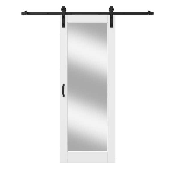 32 in. x 80 in. 1 Lite Full Length Mirrored Glass White Primed MDF Sliding Barn Door with Hardware Kit, Black Track