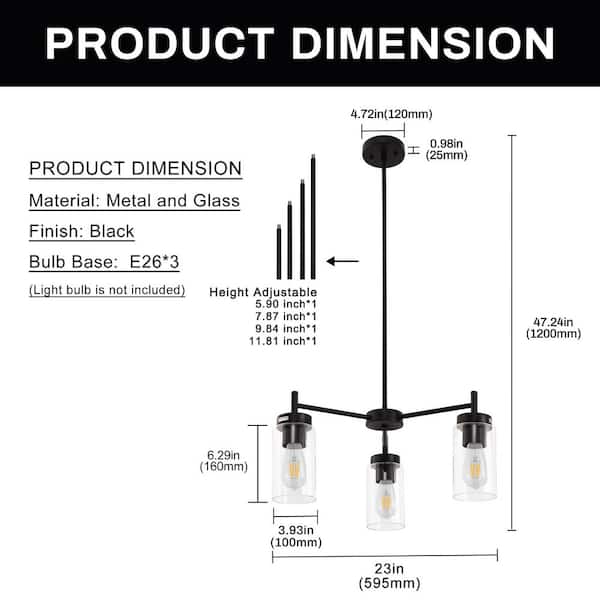 Emeritpro 3-Light Matte Black Candelabra Chandelier with Clear