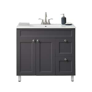 36 in. W x 18 in. D x 32 in. H Freestanding Bathroom Vanity in Dark Gray with White Ceramic Top With White Single Sink
