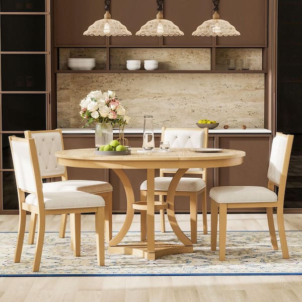 5-Piece Natural Extendable Round Wood Top Dining Table Set Seats 4