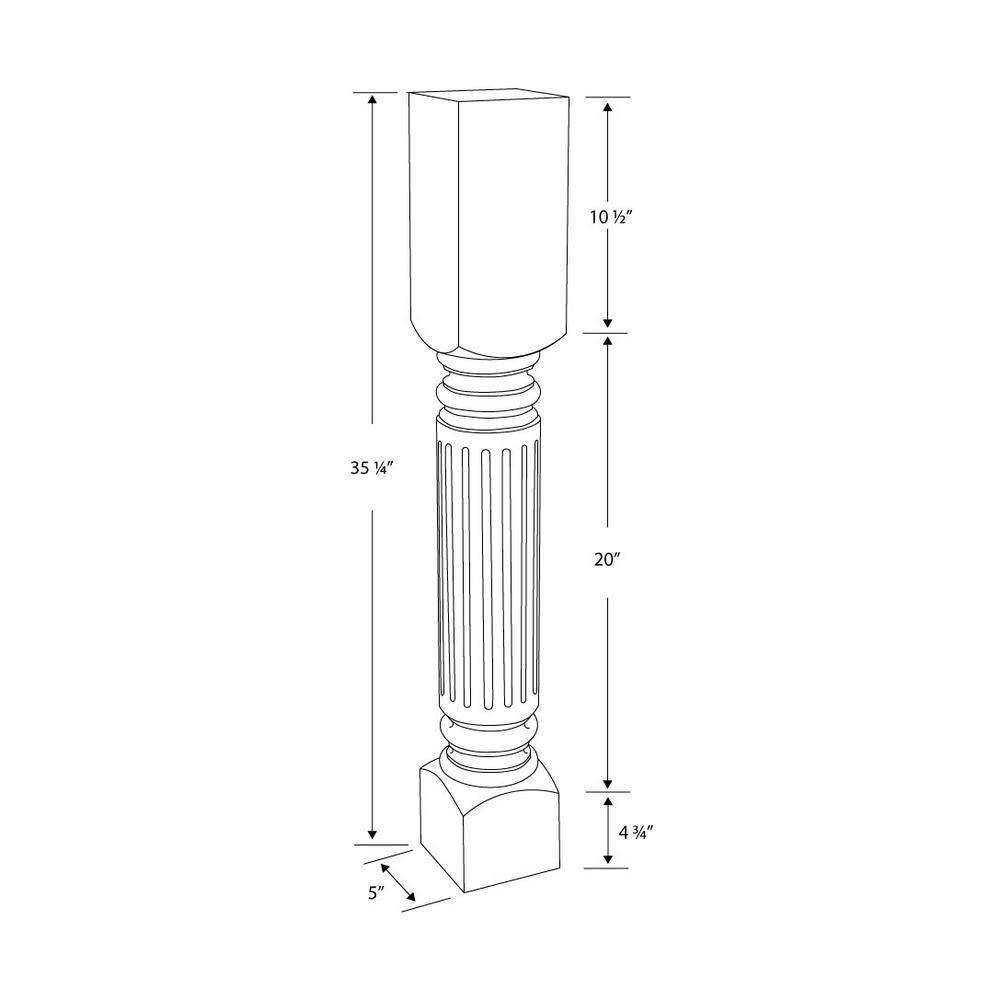 Unfinished Solid Rubberwood Fluted Kitchen Island Leg, 35.25"