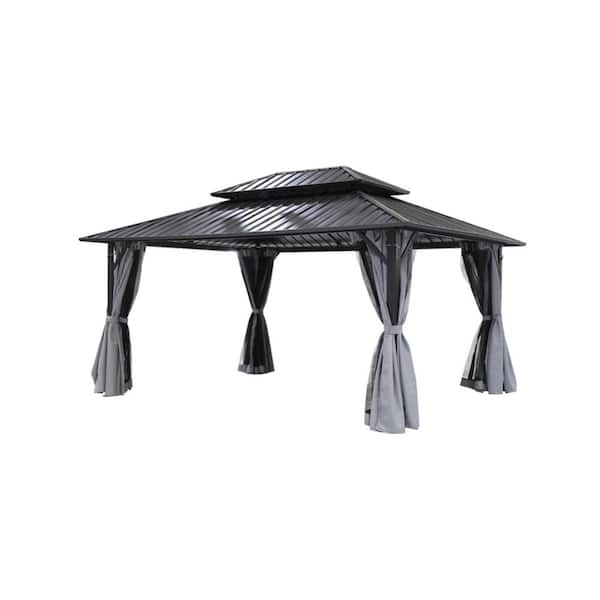 12 ft. x 16 ft. Hardtop Gazebo with Aluminum Frame, Double Roof Top with Gray Curtain and Netting