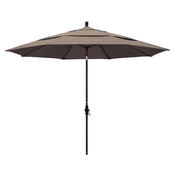 California Umbrella 11 ft. Bronze Aluminum Pole Market Aluminum Ribs Crank Lift Outdoor Patio Umbrella in Taupe Sunbrella
