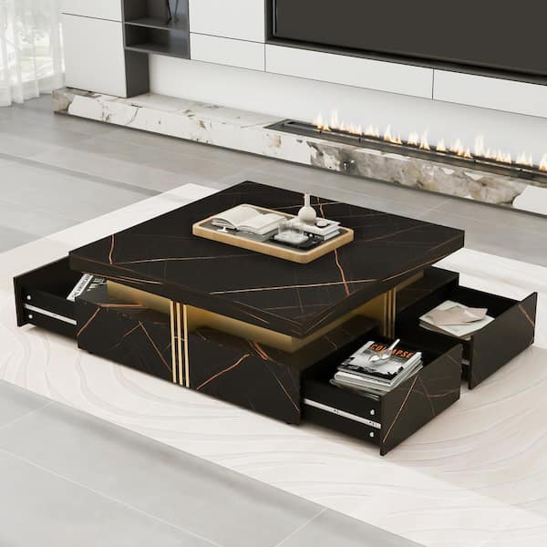 Harper & Bright Designs Modern and Stylish 43.3 in. Black Square MDF Coffee Table with 4 Drawers