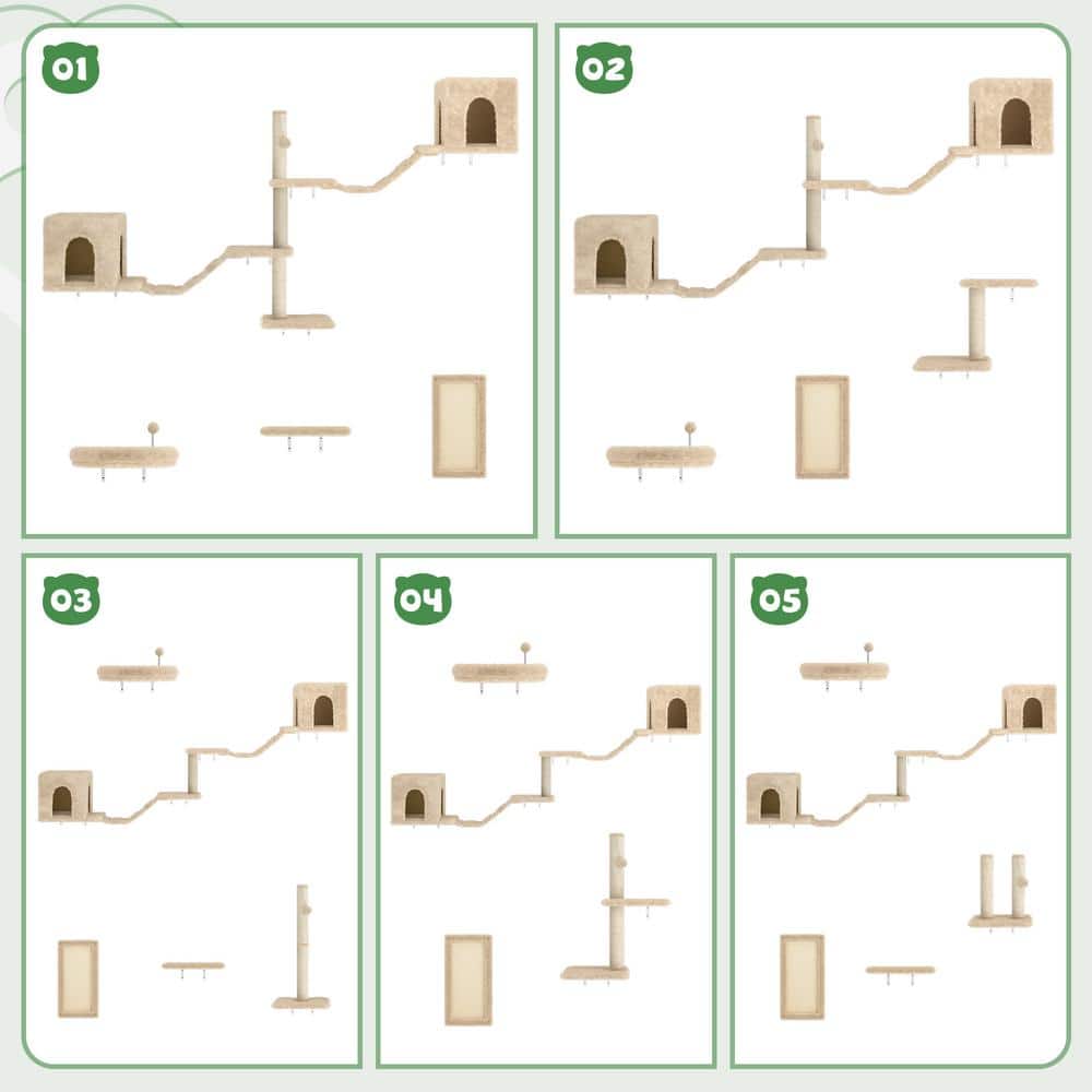 Beige Sisal Wall Mounted Cat Climber Set with Condos and Perches