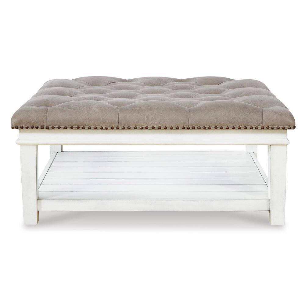 Whitewash Square Tufted Cocktail Ottoman with Lower Shelf