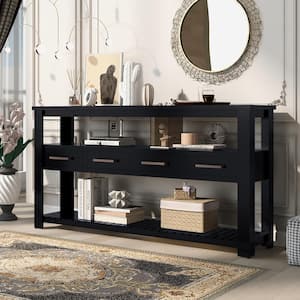 62.2 in. Black Rectangle Wood Console Table with 4 Drawers and 2 Shelves