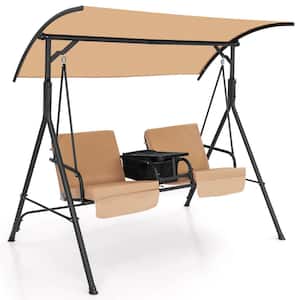 2-Person Metal Canopy Porch Swing Padded Chair Cooler Bag Rotatable Tray Beige
