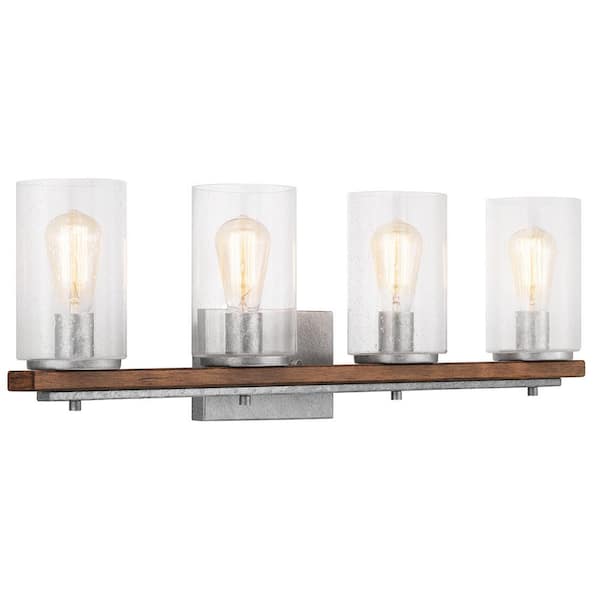 Hampton Bay Boswell Quarter 33-1/4 in. 4-Light Silver with Painted Chestnut Wood Accents Bathroom Vanity Light